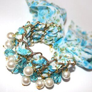 Aqua Blue Vintage Floral Gold Tie Wrap Bracelet or Choker Pearl Crystal Beaded